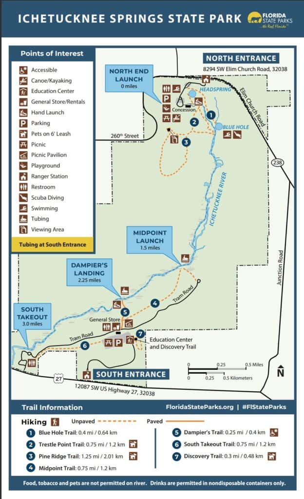 Ichetucknee Springs State Park map: showing the landing zones for tubing and springs locations