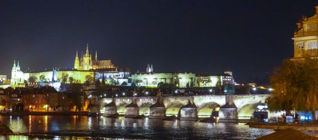 Charles Bridge and Prague Castle at night..shot from across Vltava river