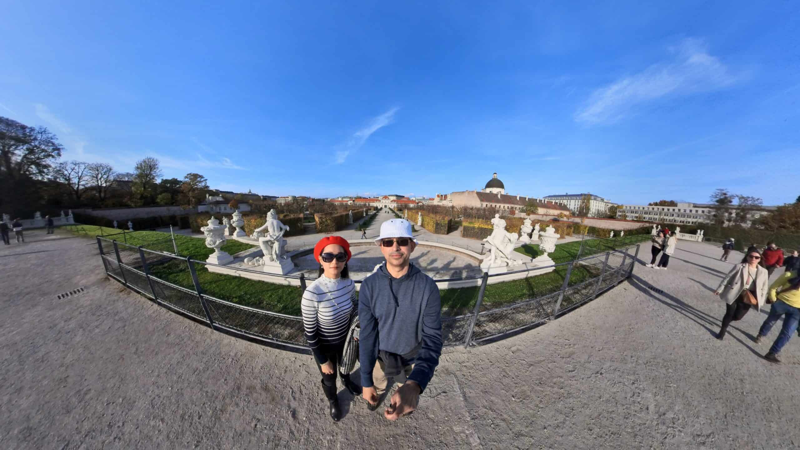 Belvedere Palace Gardens in Vienna taken with Insta360 camera with invisible selfie stick. floating camera effect.