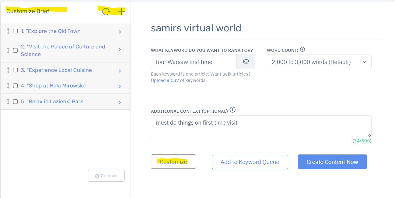 Content at Scale AI blog writing . scsreenshot of info user inputs for blog creation