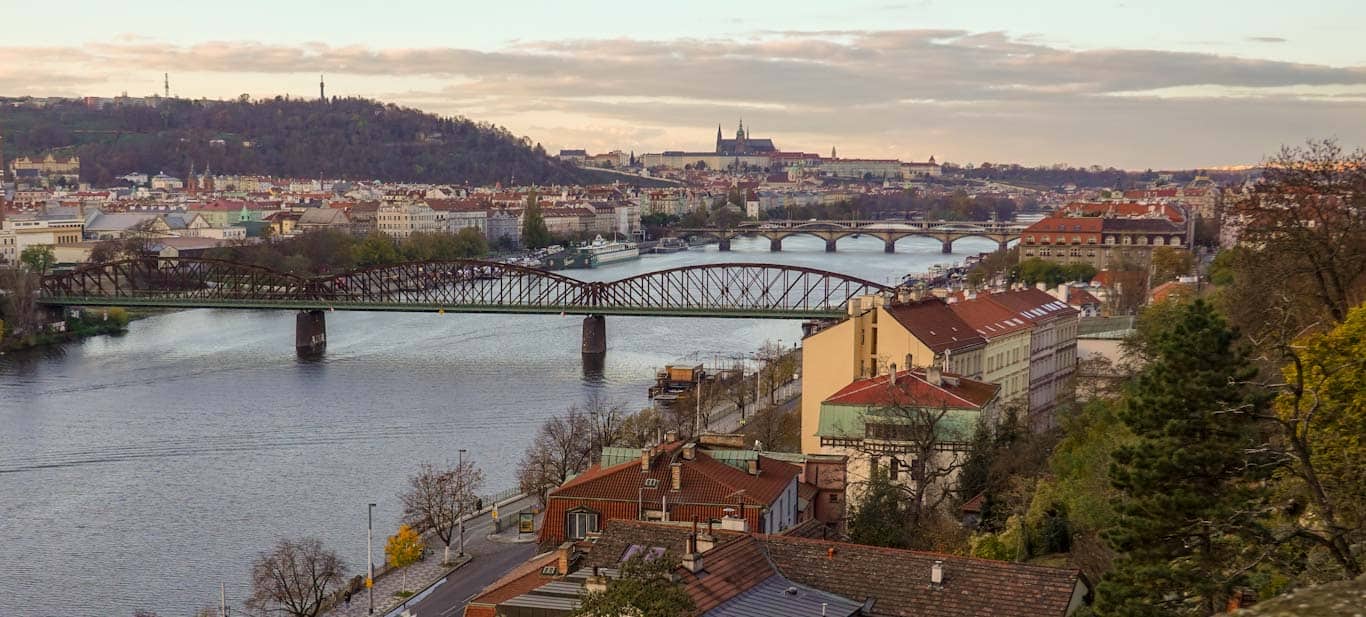 View from Vysehrad in Prague with Vltava River and Prague Castle