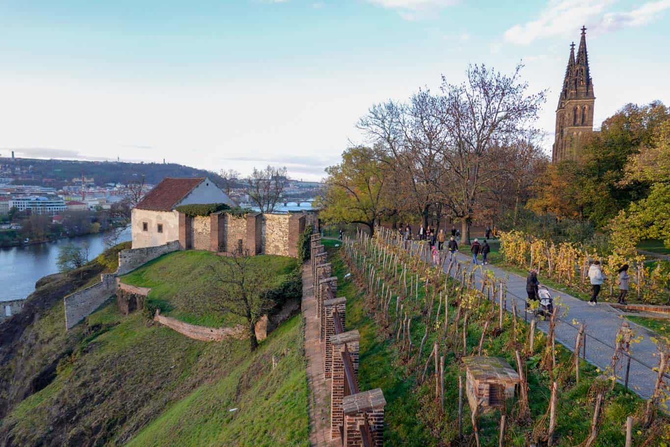 St Peter and Paul Basilica on Vysehrad Hill in Prague with Vltava river