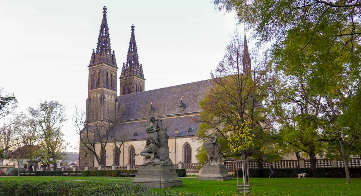 St Peter and Paul Basilica in Vysehrad Park in Prague with statues