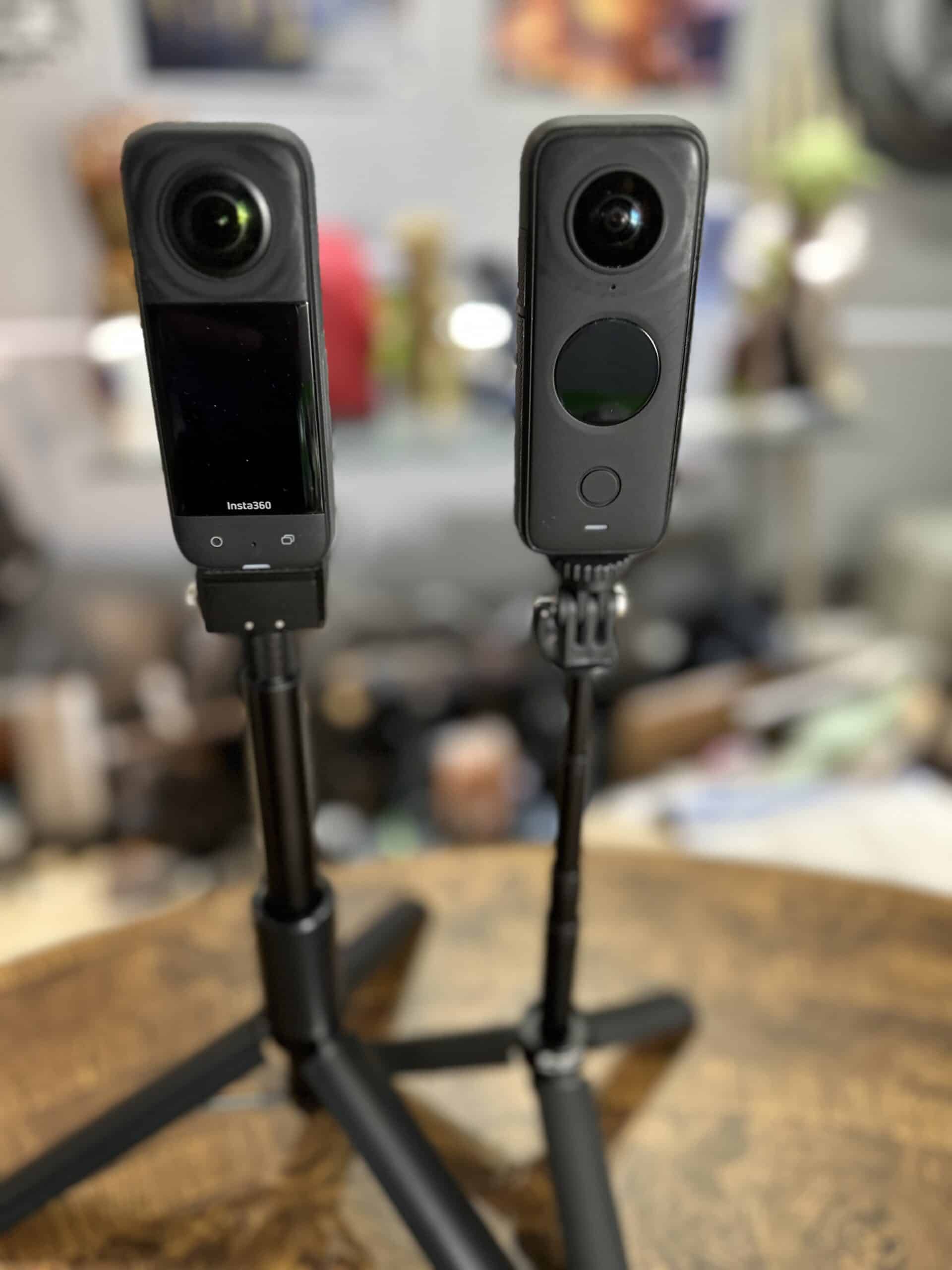 insta360 x2 and x3 360 cameras on invisible selfie sticks and tripods. used to shoot 360 monoscopic VR videos.