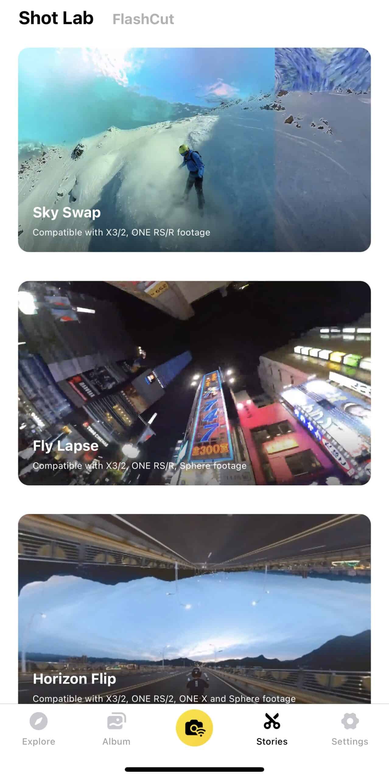 Insta360 phone app shot lab screen shot - example of sky swap, horizon flip and fly lapse as editing options