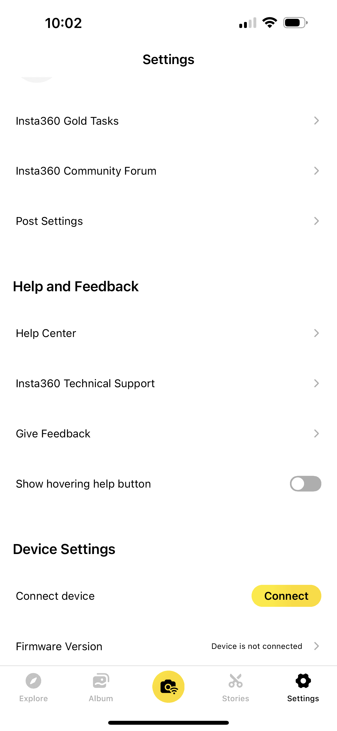 settings button insta360 app