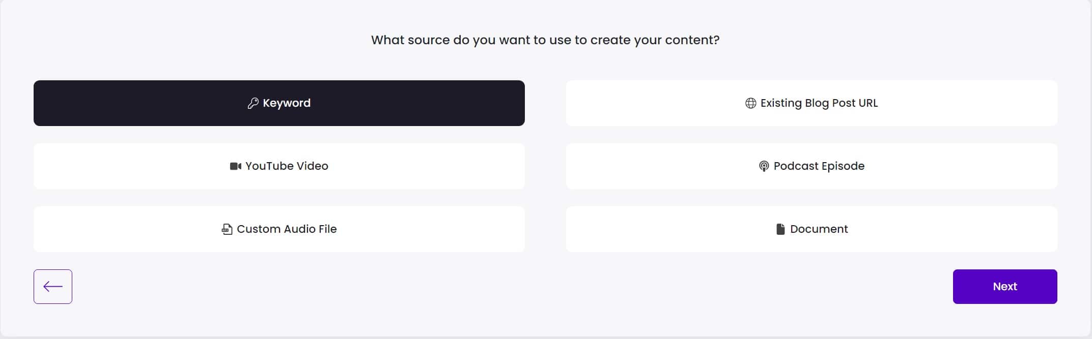 Content at scale ai source options on screen menu includes keyword, url, video,podcast