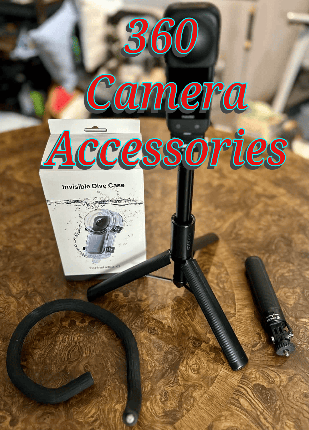 360 Camera Accessories with multiple items on table